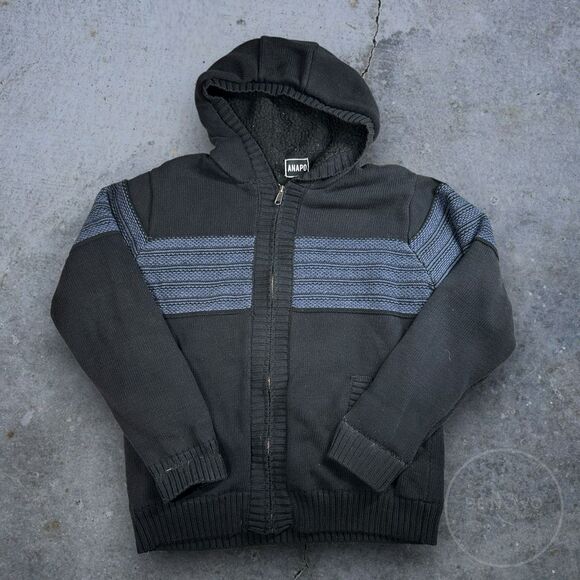 Anapo Women’s Full Zip Sherpa Lined Knitted Hooded Jacket Large Black & Blue - Picture 1 of 8